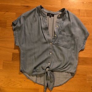 LuLus Short Sleeve Denim Shirt with Front Bottom Tie/Bow